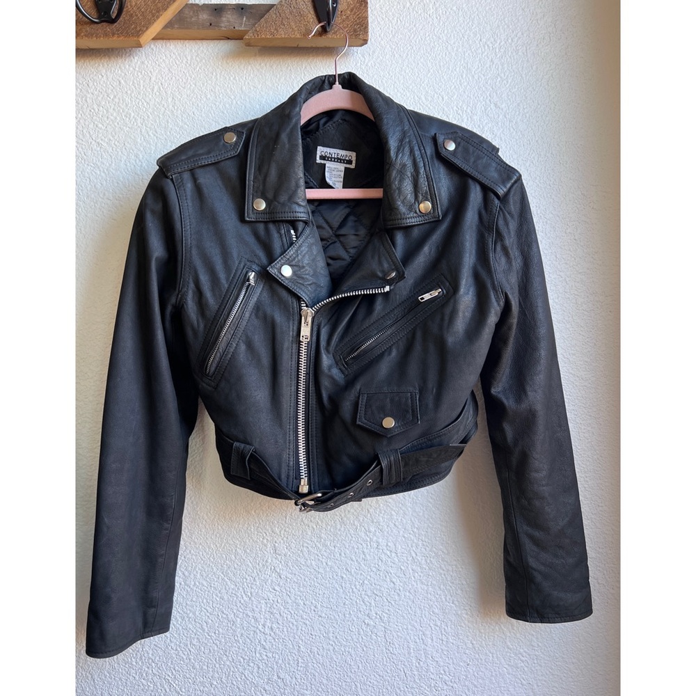 Vintage Contempo Casuals Cropped Black Leather Moto Jacket MD